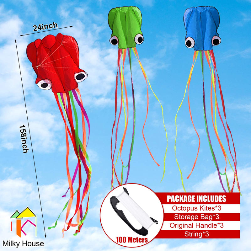 [Australia - AusPower] - 3 Pack Octopus Kite, 3D Kite Long Tail Easy Flyer Kite Beach Kites People Adults Gift 3 Colors (Blue Green Red) Kites for Kids Easy To Fly, Kite Kit with Kite String 100M, Kiteboarding Kite for Adults 
