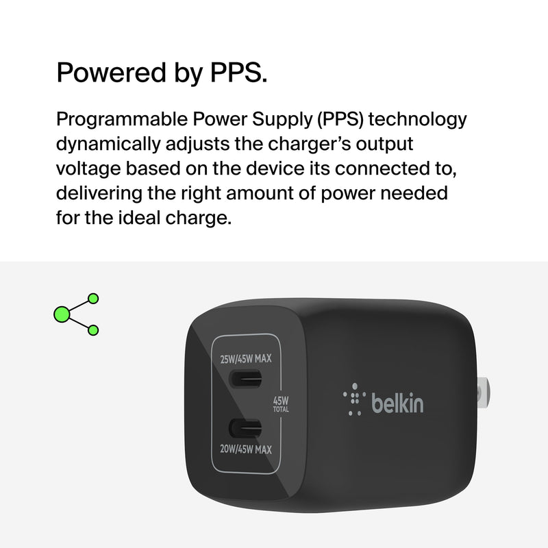 [Australia - AusPower] - Belkin 45W Dual USB-C Wall Charger, Fast Charging Power Delivery 3.0 with GaN Technology for iPhone 14, 13, Pro, Pro Max, Mini, iPad Pro 12.9, MacBook, Galaxy S23, S23+, Ultra, Tablet, More - Black 