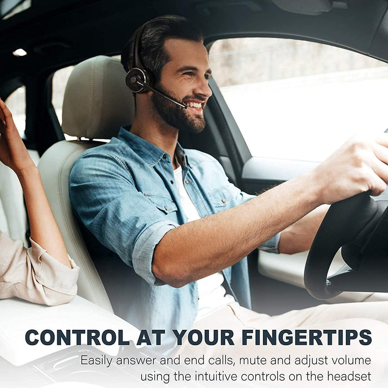 [Australia - AusPower] - Trucker Bluetooth Headset, Angteela Wireless Headset with Microphone, Wireless Cell Phone Headset with Noise Canceling Mic Charging Base Mute Function for Home Office Call Center Skype 