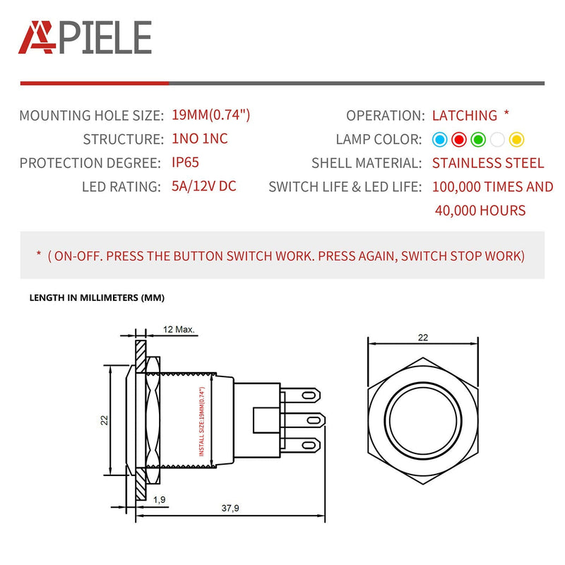 [Australia - AusPower] - APIELE 19mm Latching Push Button Switch 12V DC Angel Eye Halo Ring LED Metal 0.74" 1NO1NC SPDT with Wire Socket Plug (Blue) Silver Shell Blue 