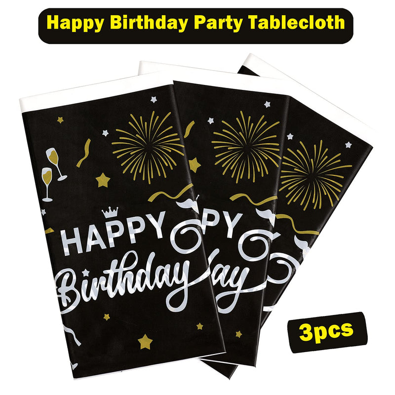 [Australia - AusPower] - 3pcs Happy Birthday Decorations for Men Women Black Gold Birthday Tablecloth Disposable Plastic Rectangle Table Cover for 30th 40th 50th 60th 70th 80th 90th Birthday Party Decorations 
