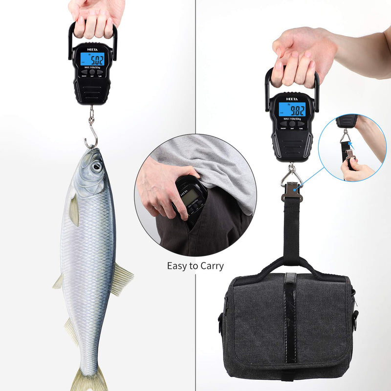 [Australia - AusPower] - HEETA Fish Scale with Backlit LCD Display, Digital Portable Hanging Scale Luggage Scale with Measuring Tape for Home and Outdoor, 2 AAA Batteries Included Black 