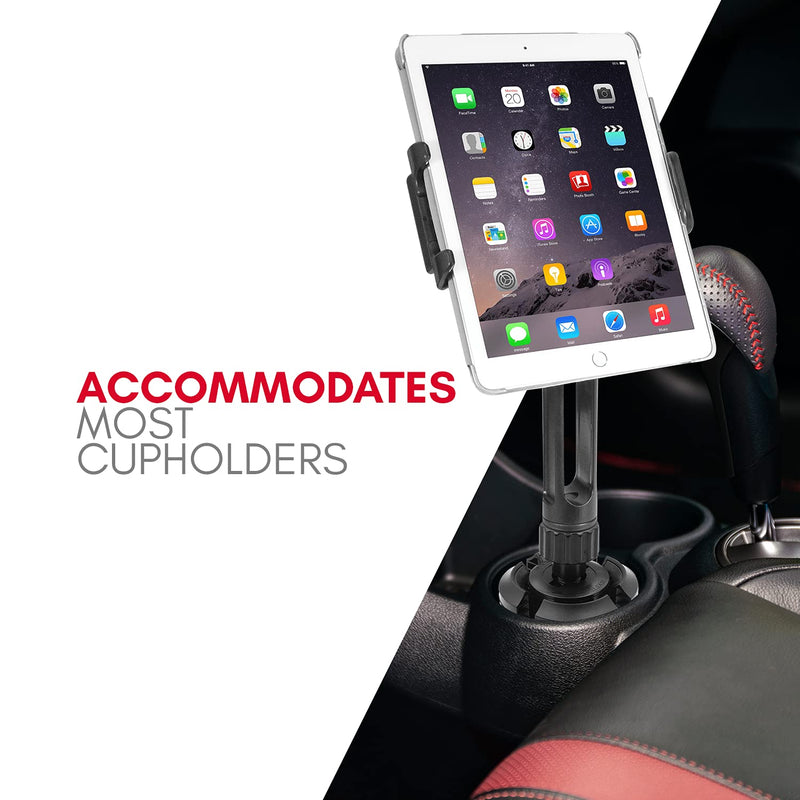 [Australia - AusPower] - Macally Heavy Duty Tablet Holder for Car - Works as Cup Holder Tablet Mount or Phone Cup Holder - Fits Devices 3.5" - 8” Wide with Case - Adjustable iPad Car Mount with 360° Rotatable Cradle 