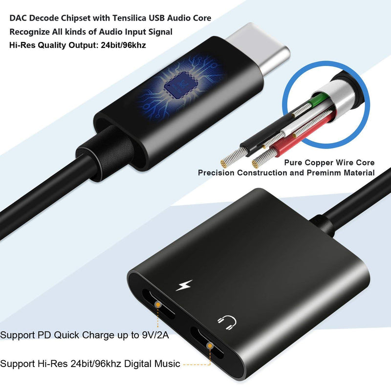 [Australia - AusPower] - USB C Splitter, Dual USB C Audio and Charger Adapter with PD 60W Fast Charging for Pixel 2/2 XL/3/3XL/4XL/5,Galaxy Note 20/ Note 20 Ultra/Note 10/10+/S20/S21/S22 Ultra, Essential Black 