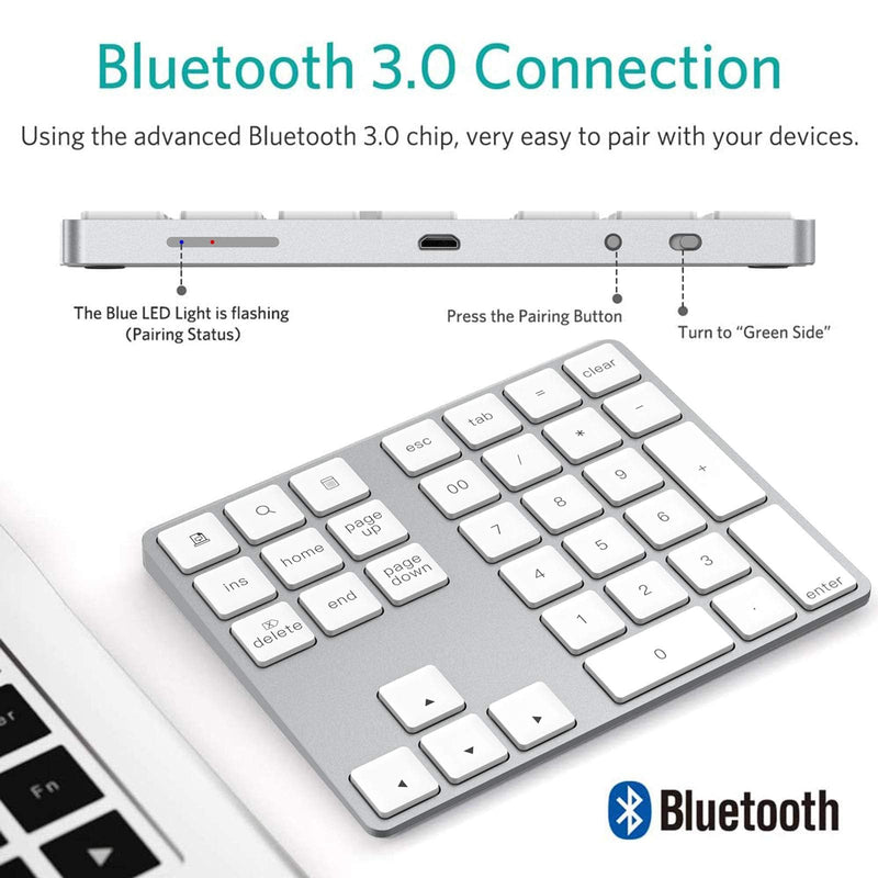 [Australia - AusPower] - Bluetooth Numeric Keypad, Rechargeable Aluminum 34-Key Number Pad Slim External Numpad Keyboard Data Entry Compatible for MacBook, MacBook Air/Pro, iMac Windows Laptop Surface Pro etc Silver 
