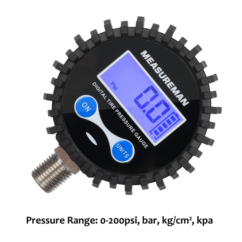 [Australia - AusPower] - Measureman 2-1/2" Dial Size Digital Air Pressure Gauge with 1/4'' NPT Bottom Connector and Protective Boot, 0-200psi, Accuracy 1%, Battery Powered, with LED Light 2.5" 1/4"NPT lower Long thread 0-200psi 