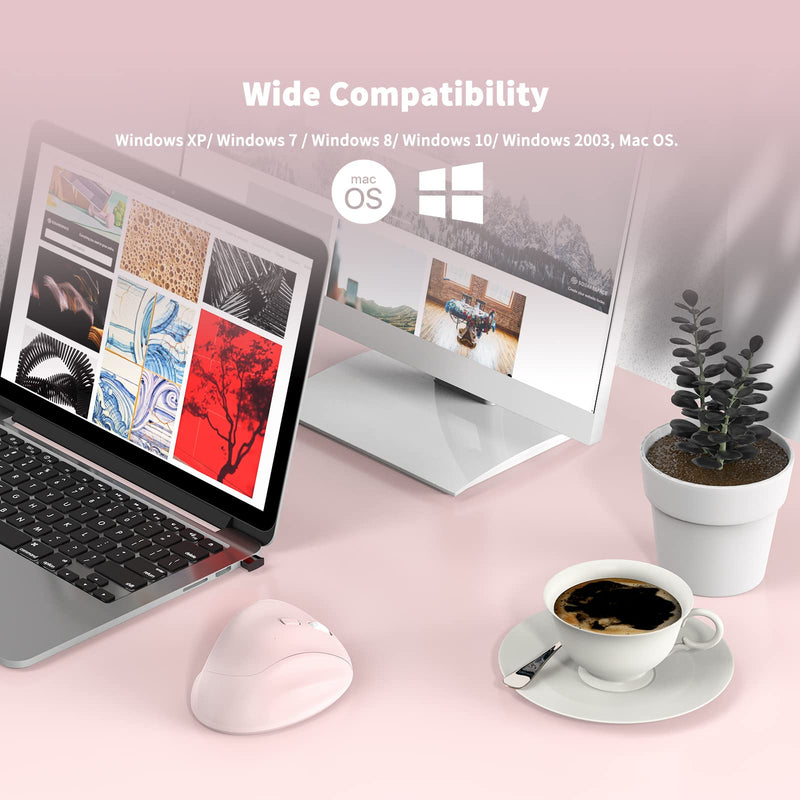 [Australia - AusPower] - Ergonomic Wireless Mouse with USB Receiver for PC Computer, Laptop and Desktop, Ergo Mouse with Silent Clicks, About 16-Month Battery Life, Up to 1600 DPI & 1 AA Battery Powered, Pink 