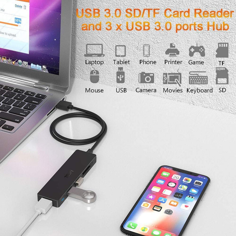 [Australia - AusPower] - TSUPY USB 3.0 Hub Multi USB Data HUB with 4ft/48inch Extended Cable,SD/TF Card Reader & 3 USB 3.0 Ports Compatible for PC, Laptops, Surface Pro, MacBook, Mac Mini, iMac Pro 