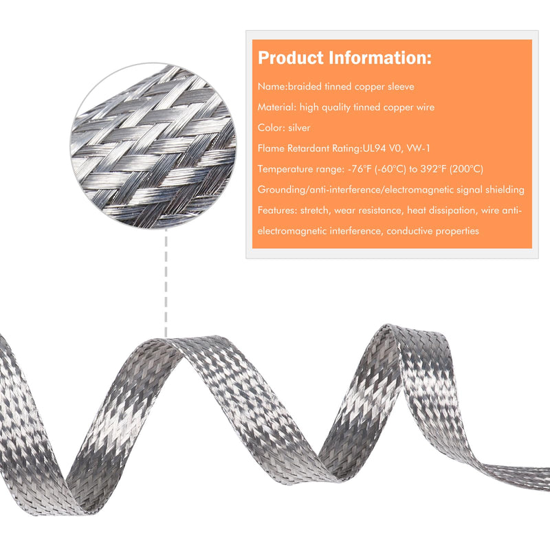[Australia - AusPower] - FOURUB Expandable Mesh Braided Wires Grounding Straps Shielding Audio Cables emf/rfi Interference,Tinned Copper Braided Sleeves for Cover Wire (1/2"-12FT) 