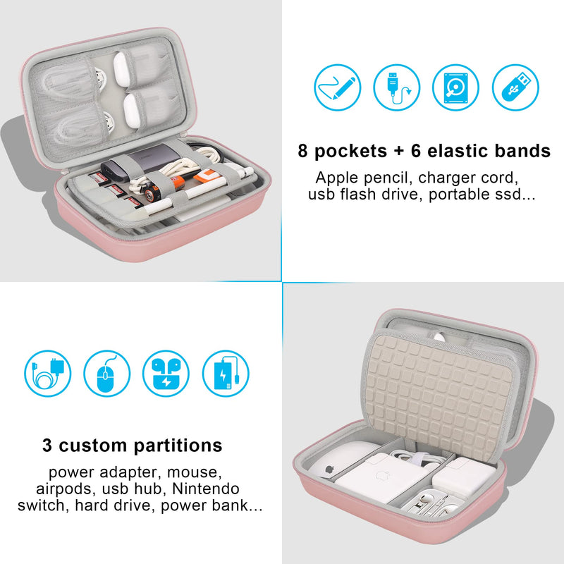 [Australia - AusPower] - Elonbo Hard Portable Travel Electronic Organizer Case for MacBook Power Adapter Chargers Cable Power Bank Apple Magic Mouse Apple Pencil USB Hub Flash Disk SD Card Small Accessories Bag, Rose Gold 