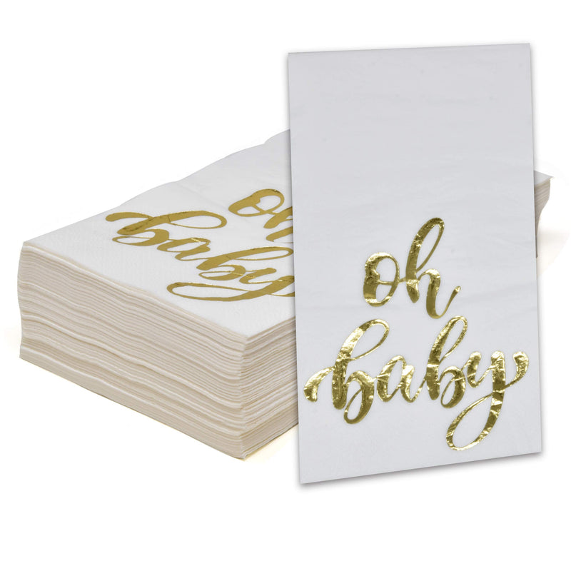 [Australia - AusPower] - 100 Gold Baby Shower Guest Napkins Oh Baby Elegant Dinner Hand Napkin Disposable Paper Pack for Neutral Boy Girl Gender Reveal Party Supplies Powder Room Bathroom Metallic Golden Foil Decorative Towel 