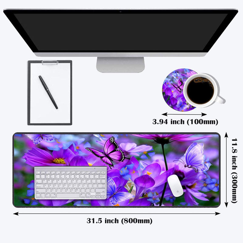 [Australia - AusPower] - Luasao Desk Pad Mat Gaming Mouse Pads with Coasters, Stitched Edges Design Mouse Pad XXL Large Mouse Pad for Laptop Computers Purple Flowers and Butterflies Desk Writing Mat for Office & Home 