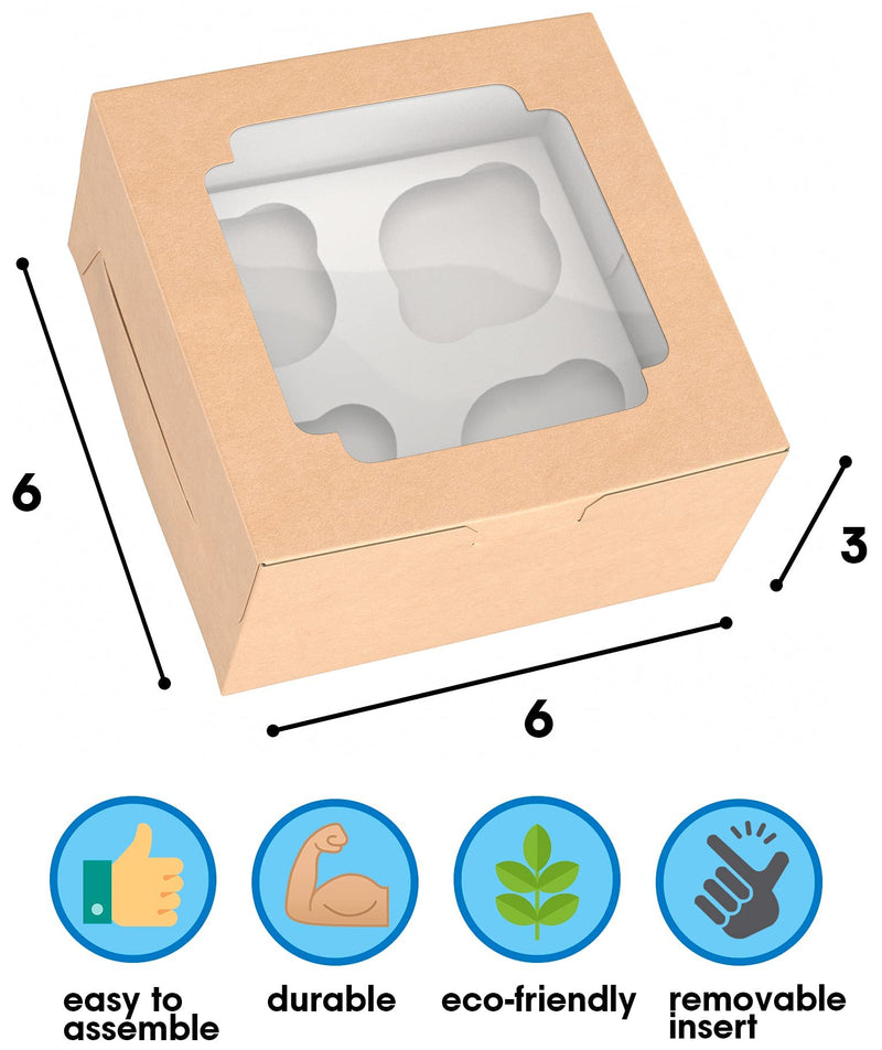 [Australia - AusPower] - Cupcake Boxes 4 Pack Kraft 15 pcs - 6x6x3 Bakery Box with Inserts - 4 Count Cupcake Container - 4 Cupcake Boxes for Cookies, Dessert, Treat, Muffin Boxes - Sturdy Charcuterie Packaging 6 Inch 4 pack, Kraft 15 pcs 