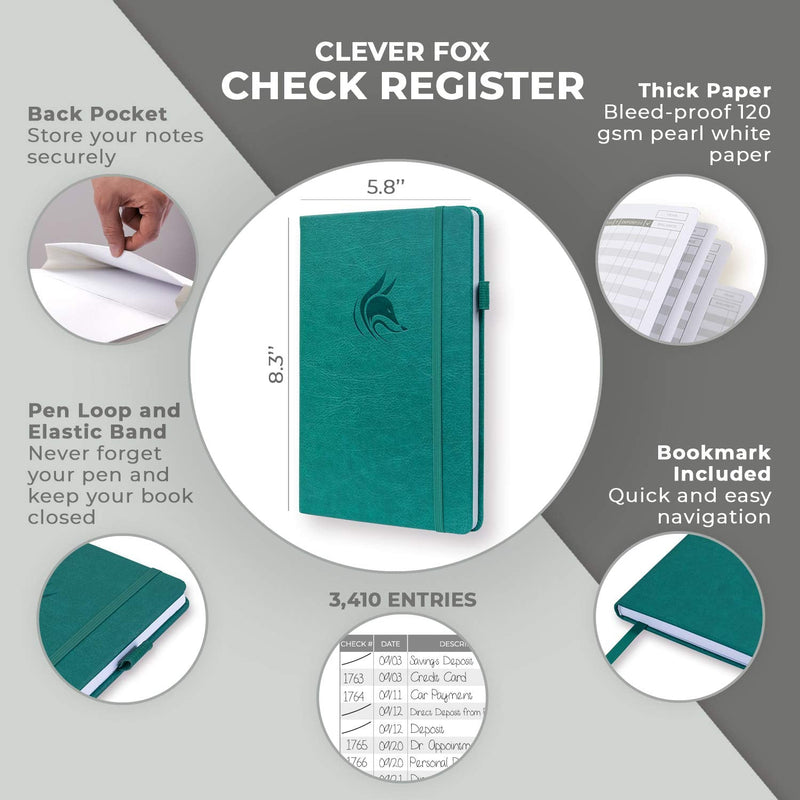 [Australia - AusPower] - Clever Fox Check Register – Deluxe Checkbook Log with Check & Transaction Registers, Bank Account Register Booklets for Personal and Work Use, A5 Hardcover - Turquoise A5 (5.8'' x 8.3'') 