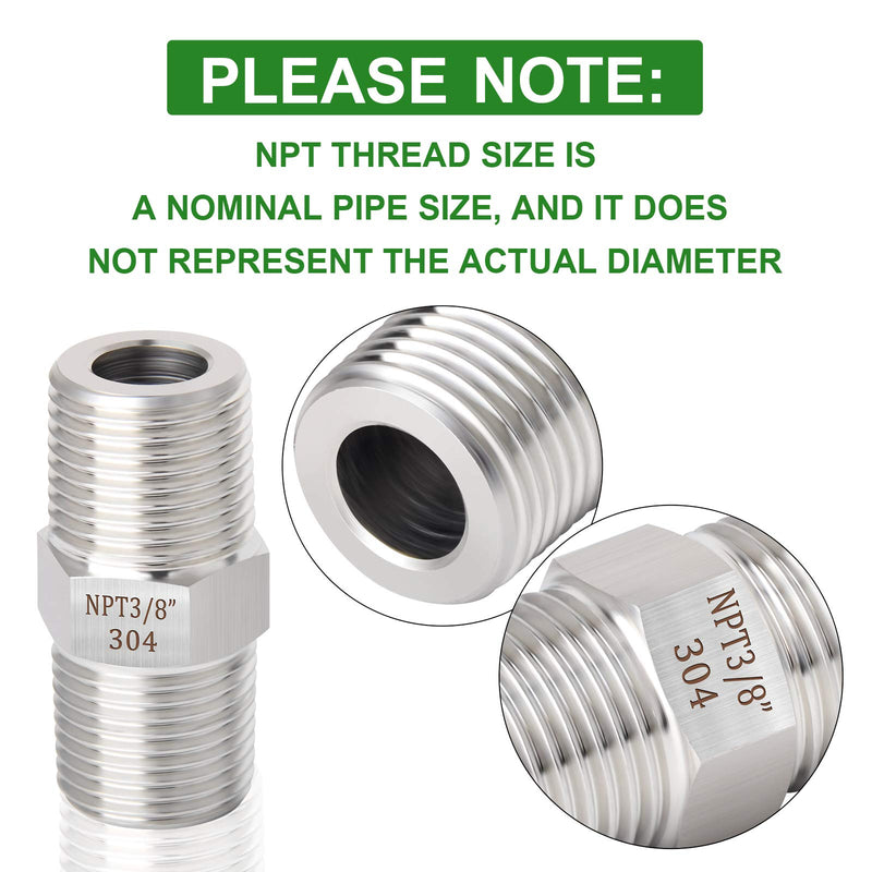 [Australia - AusPower] - TAISHER 5PCS 304 Stainless Steel Hex Nipple, Pipe Fitting 3/8-Inch Male Pipe x 3/8-Inch Male Pipe 3/8" NPT x 3/8" NPT 5 