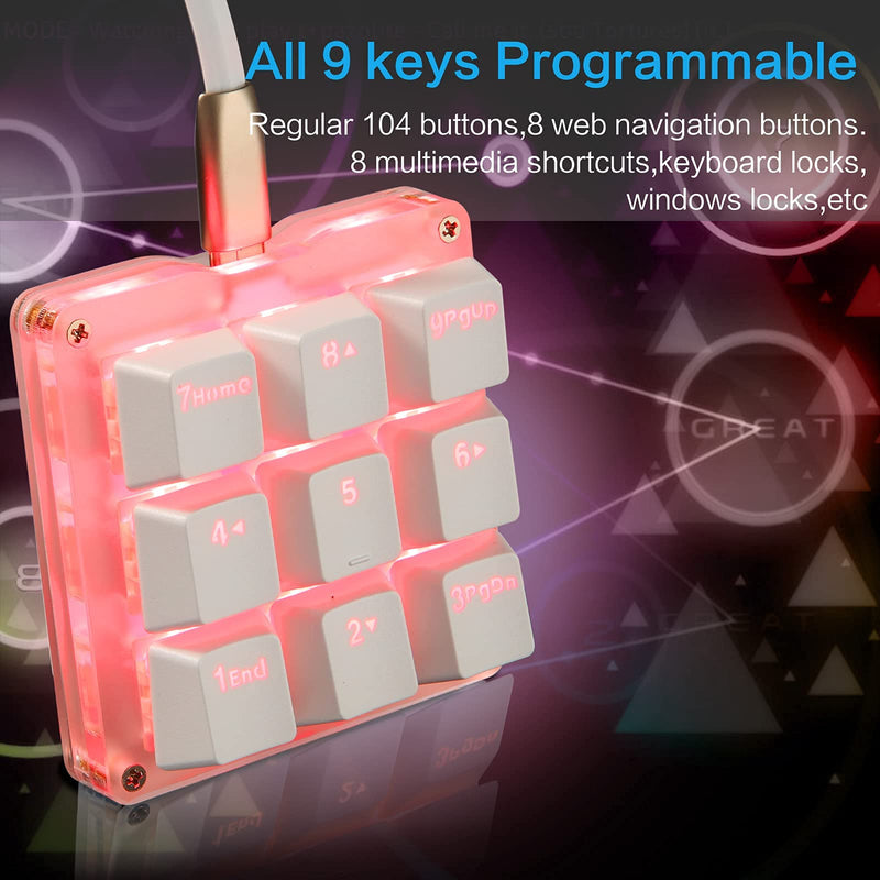 [Australia - AusPower] - Koolertron One Handed Macro Mechanical Keyboard, RGB LED Backlit Portable Mini One-Handed Mechanical Gaming Keypad OSU! Keyboard 9 Fully Programmable Keys White/Red Switches/Pink LED 