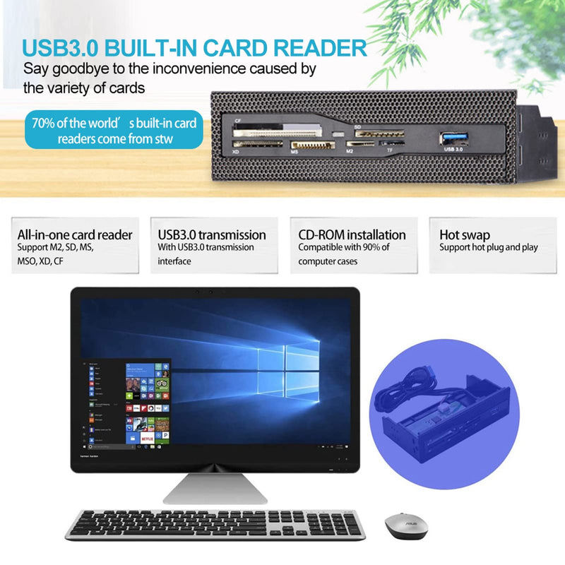 [Australia - AusPower] - 5.25 Inch Multifunction Front Panel Internal Card Reader,USB 3.0 Port All in one Multimedia 64G PC Dashboard Card Reader with 6 Copper Plated Card Slots,Support M2, SD, MS, XD, CF, TF Card 