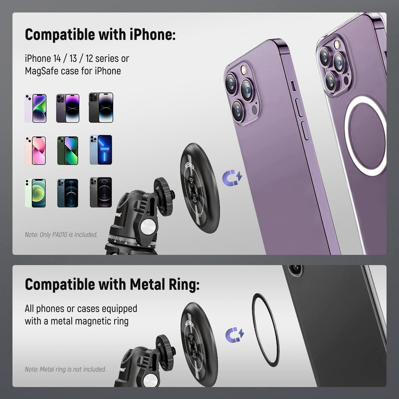 [Australia - AusPower] - NEEWER Magnetic Phone Tripod Mount Adapter with 1/4" Holes Compatible with iPhone MagSafe Selfie Stick for 14 Pro/Pro Max/Plus/Mini 13 12, Phone Holder for Ring Light Video Recording, PA010 