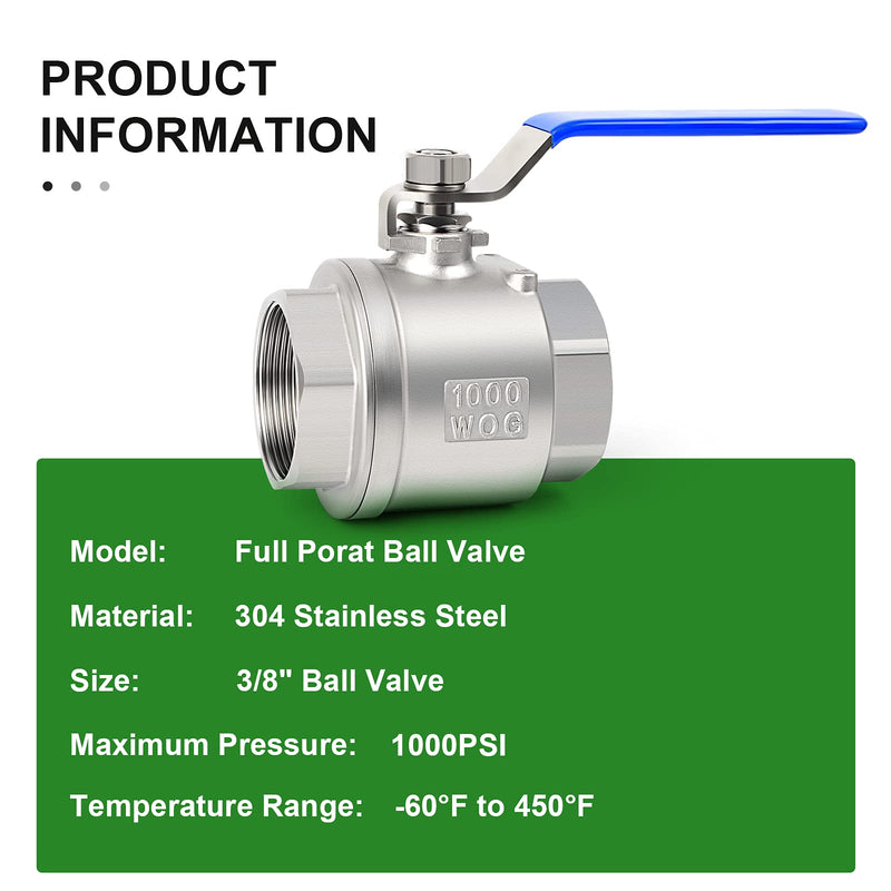 [Australia - AusPower] - TAISHER 1 PCS 3/8 Inch FNPT Heavy Duty Full Porat Ball Valve 304 Stainless Steel with Blue Handles 3/8" FNPT 