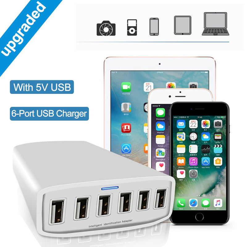 [Australia - AusPower] - USB Charger, XDCDHM 60 Watt 12A 6-Port High Speed Travel Wall Charger Multi-Port USB Charger Hub Charging Station for Apple iPhone/iPad Air/Samsung/Tablets and More (HUB- White) 