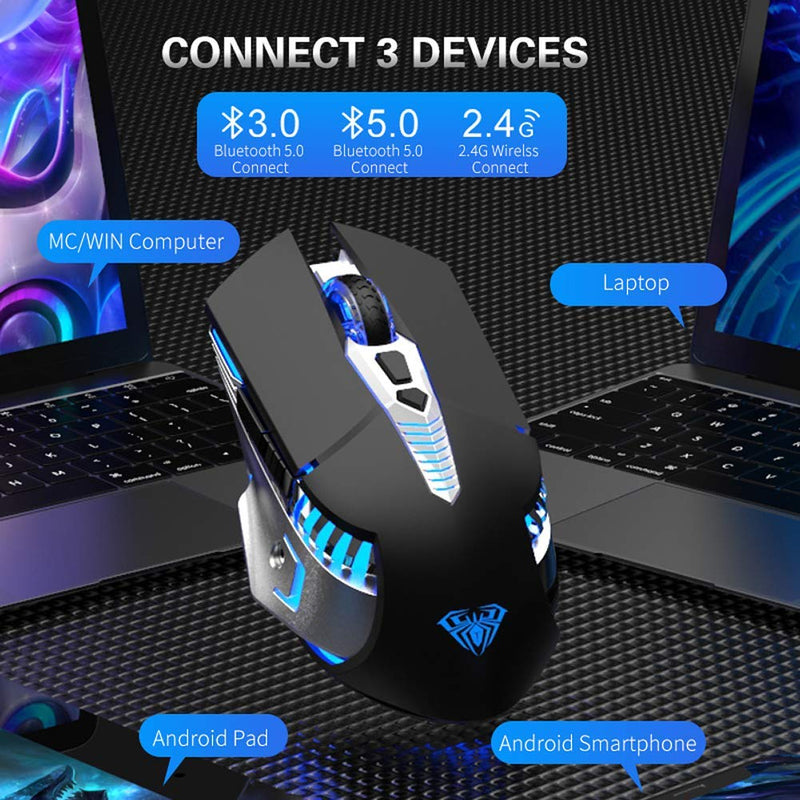 [Australia - AusPower] - AULA SC200 White Gaming Mouse Wireless, Rechargeable Bluetooth Computer Mice with Side Buttons, LED Lights, Side Buttons, for Windows, Android, PC, Mac 