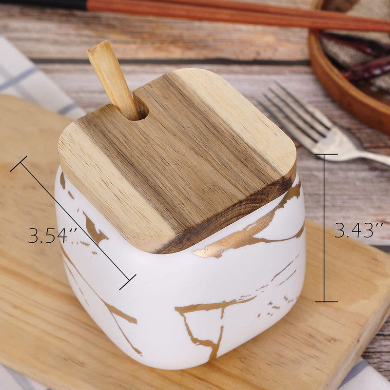 [Australia - AusPower] - VanEnjoy Decorative Marble Inlay Glaze Ceramic Sugar Spice Containers Porcelain Jar with Bamboo Lid and Spoon Condiment Jar for Home White 
