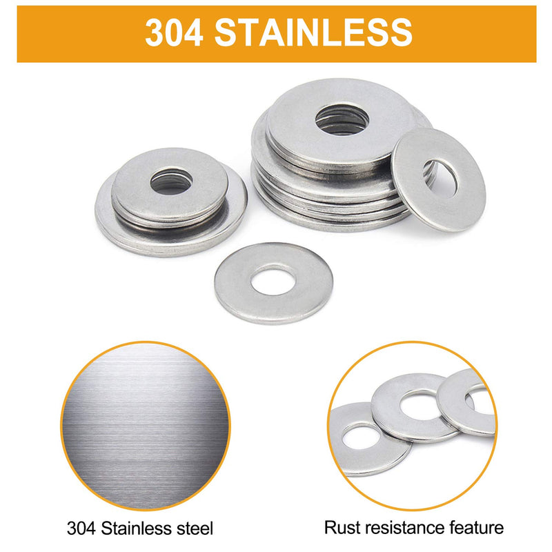 [Australia - AusPower] - VIGRUE 304 Stainless Steel Flat Washers Assortment Washers Hardware Set 300pieces,8Sizes 1/2" 3/8" 5/16" 1/4" 12# 10# 8# 6# 