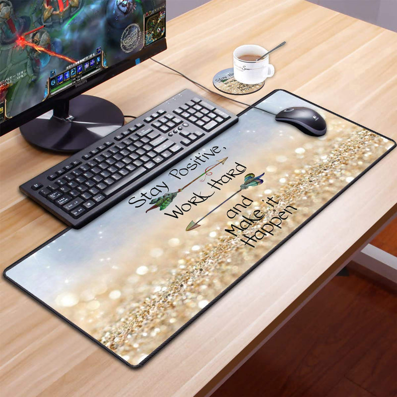 [Australia - AusPower] - Desk Pad Mat Gaming Mouse Pads with Coasters, 31.5" ×11.8" Large Non-Slip Rubber Base Mousepad with Stitched Edges for Office & Home (Stay Positive Work Hard and Make It Happen Inspirational Quote) 
