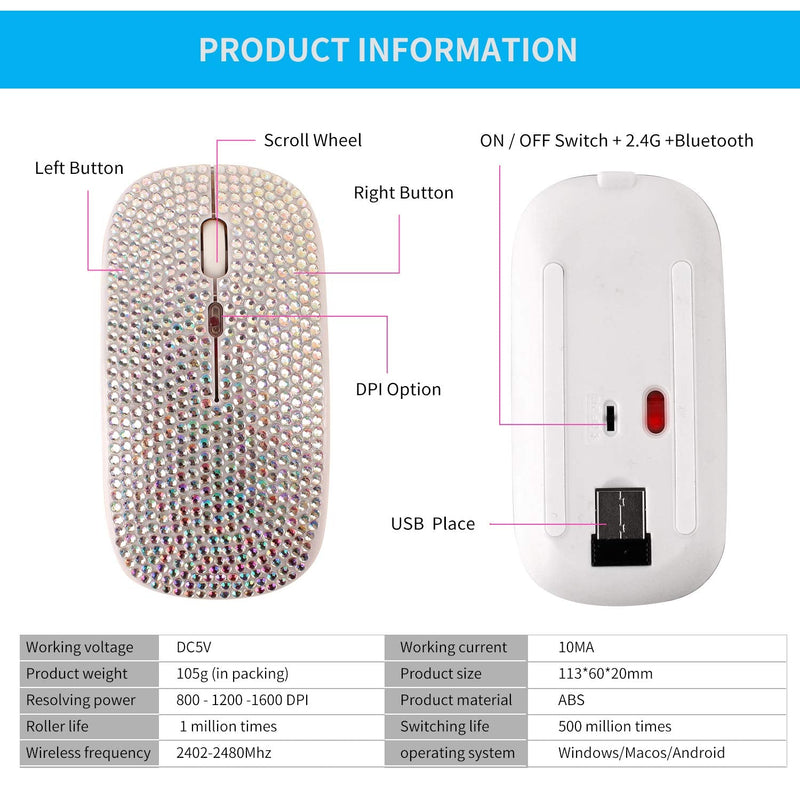[Australia - AusPower] - Bling Dazzling Rechargeable 2.4GHz+5.2 Bluetooth Wireless Mouse Covered with Crystal Diamond Rhinestone,RGB Backlit,Great Gift idea for Her (Silver) Silver 