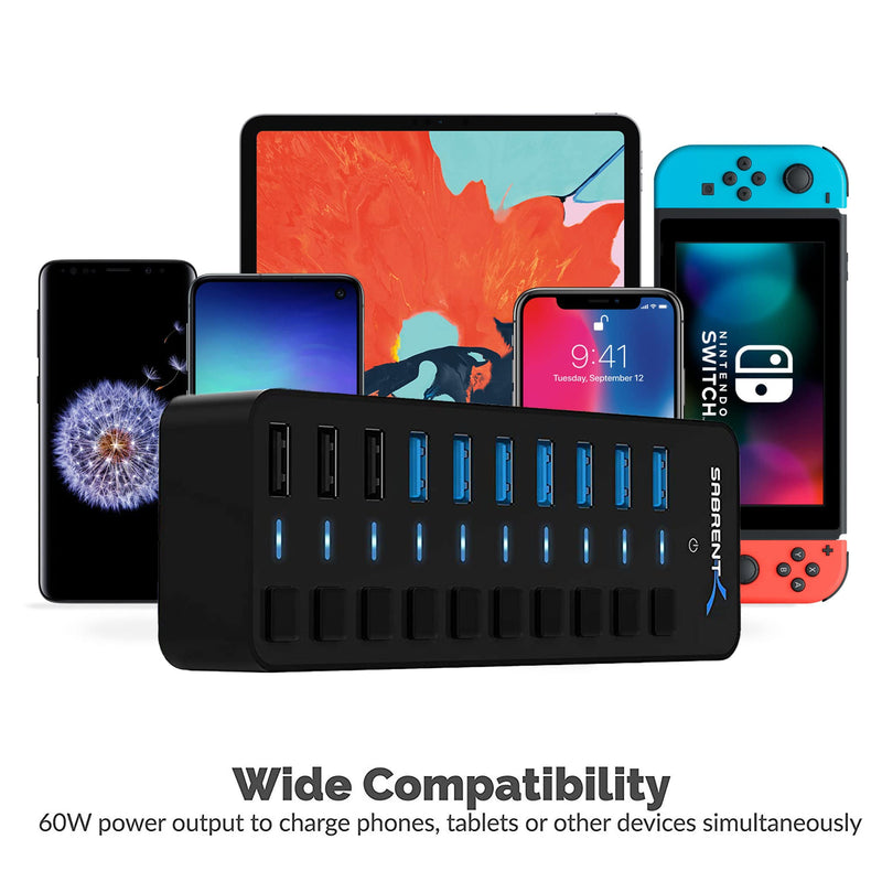 [Australia - AusPower] - SABRENT 60W 10-Port USB 3.0 Hub Includes 3 Smart Charging Ports with Individual Power Switches and LEDs and 60W 12V/5A Power Adapter (HB-B7C3) 7 + 3 Charging Ports 