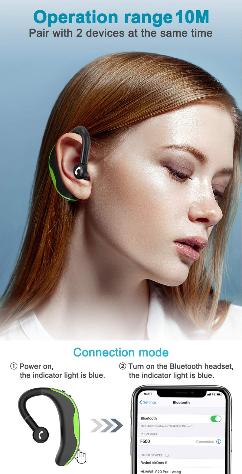 [Australia - AusPower] - Bluetooth Headset V5.0 Wireless Bluetooth Earpiece 18 Hrs Talktime 200 Hours Standby Time, Fit Your Both Ear, Handsfree Headset with Noise Cancelling Mic, Compatible with iPhone and Android (Green) Green 