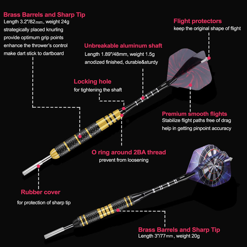 [Australia - AusPower] - Darts Metal Tip Set Professional Darts Steel Tip Set, 24 Grams and 20 Grams Tipped Metal Darts with Aluminum Shafts, Brass Barrels, Sharpener Tool Kit, Carrying Case, Extra Dart Flights Accessories 