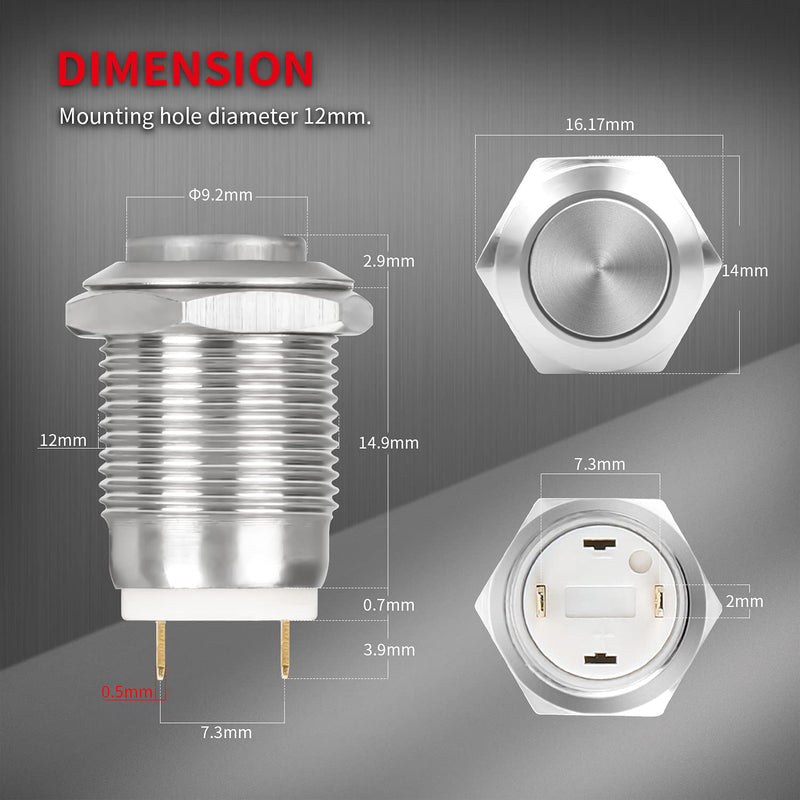 [Australia - AusPower] - DaierTek 6pcs 12mm Momentary Push Button Switch 12V Waterproof Power Pushbutton Small Round Chrome Stainless Metal 2pin N/O 