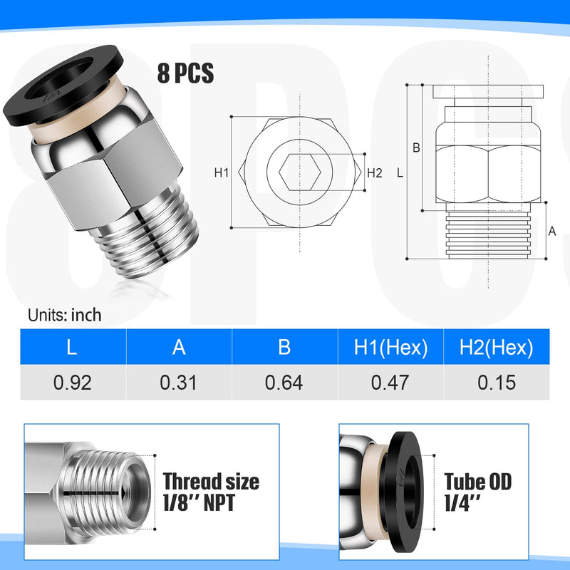 [Australia - AusPower] - 24 Pcs Push to Connect Tube Fittings 1/4 Inch Tube OD x 1/8 Inch NPT Pneumatic Fittings Kit Male Thread Straight Push Quick Release Connectors Air Connectors, 8 Straight, 8 Elbow, 8 Brunch Tee 