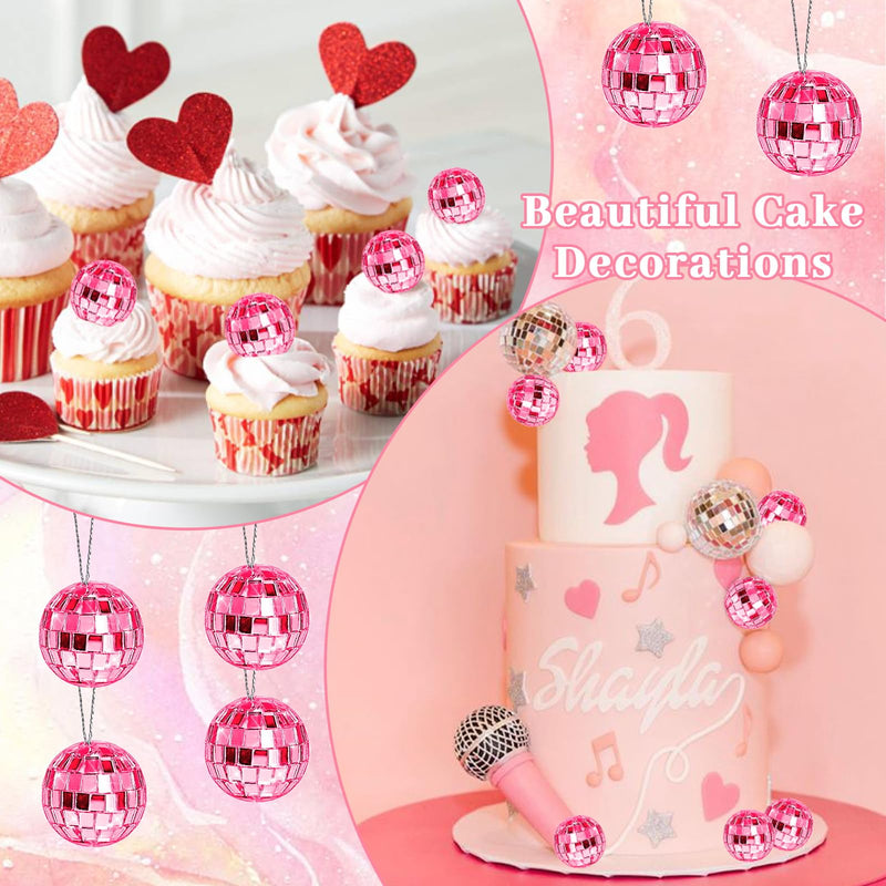 [Australia - AusPower] - Newmemo Pink Disco Ball 24 Pcs Hanging Mirror Disco Balls Pink Mini Disco Balls Ornaments Reflective Mirror Ball Cake Decoration with Rope Christmas Tree Wedding Dance Music Festivals Decor 