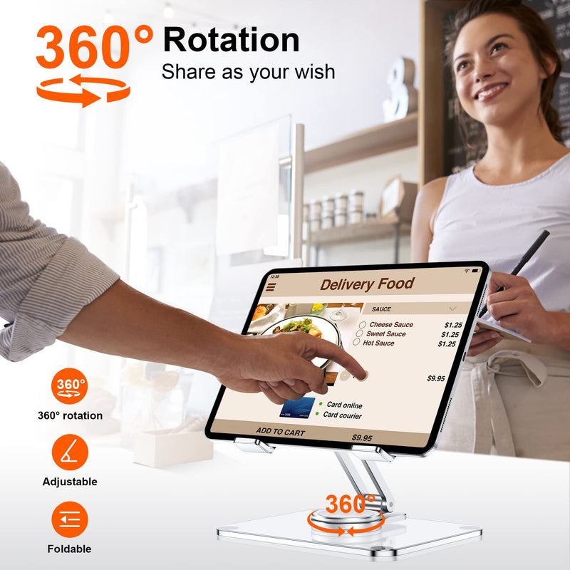 [Australia - AusPower] - CreaDream Acrylic Tablet Stand Holder with 360 Rotating Base, Foldable Adjustable Transparent Tablet Holder for Desk Home Office, Compatible with iPad Pro Air Mini and More, Clear 