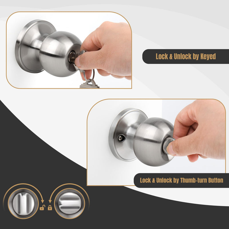 [Australia - AusPower] - Gaurqiah Keyed Entry Door Knob, Ball Design Doorknob for Interior Exterior, Reversible Round Door Lock for Front Entrance Doors, Stain Nickel Keyed Entry {Stain Nickel} 