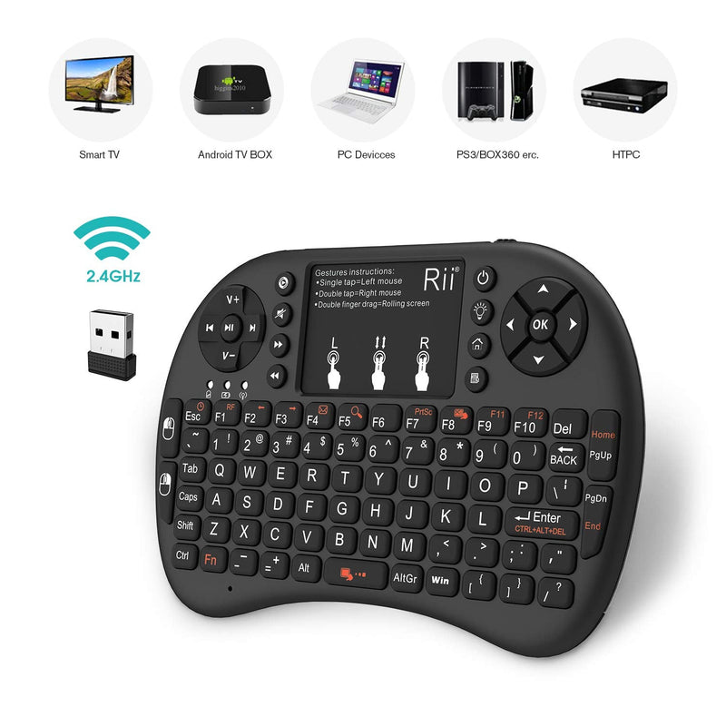 [Australia - AusPower] - Rii 2.4GHz Mini Wireless Keyboard with Touchpad＆QWERTY Keyboard, Backlit Portable Keyboard with Remote Control for Laptop/PC/Tablets/Windows/Mac/TV/Xbox/PS3/Raspberry Pi .(Black) 