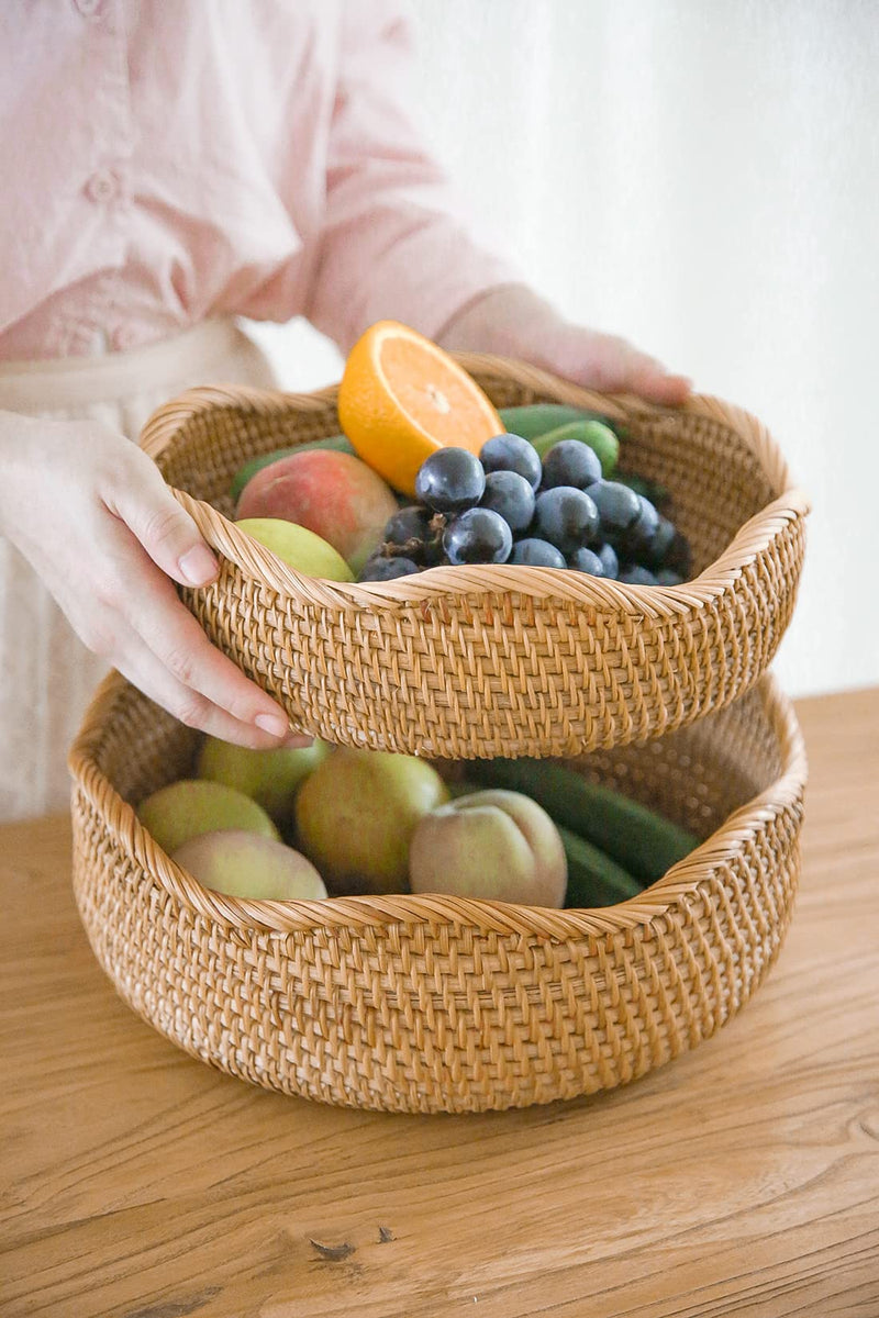 [Australia - AusPower] - HITOMEN Handmade Rattan Bread Baskets Round Wicker Fruit Basket for Serving (Honey Brown) M-10.2'' Medium 
