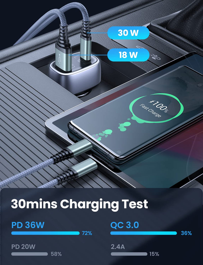 [Australia - AusPower] - 54W USB C Car Faster Charger, AINOPE PD&QC 3.0 Dual Port Fast Car Charger Type C All Metal Car Charger Fast Charge Compatible with iPad Air 5/Pro/Mini 6, iPhone 13 12, Galaxy S22 21 Ultra, MacBook 