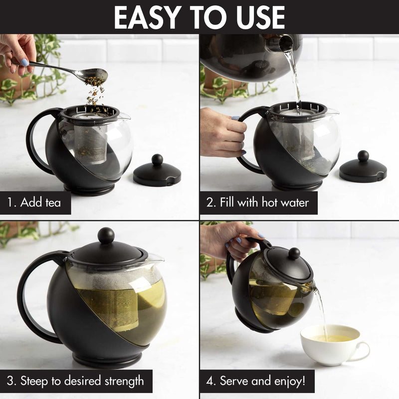 [Australia - AusPower] - Primula Half Moon Teapot with Removable Infuser, Glass Tea Maker, Stainless Steel Filter, Dishwasher Safe, 40-Ounce, Black 