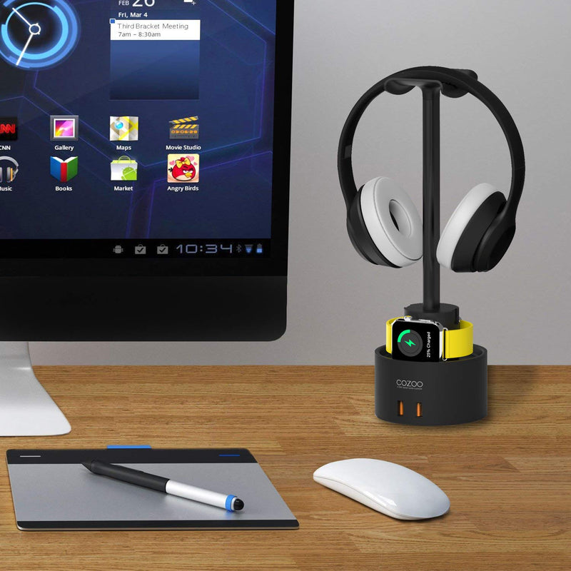 [Australia - AusPower] - Headphone Stand with 5 USB Charger COZOO Desktop Gaming Headset Holder Hanger with 5 USB Charging Station,Watch Stand and Watch Wireless Charging,Accessories for Gaming,DJ,Wireless Earphone Display 