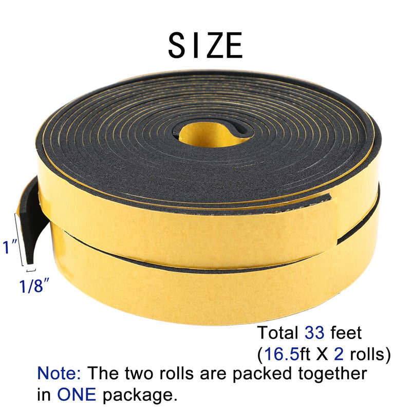 [Australia - AusPower] - Yotache Adhesive Weather Stripping 2 Rolls 1" W X 1/8" T, Neoprene Foam Weatherstrip Tape for Automotive, 33 Ft Length (2 X 16.5 Ft Each) 1" x 1/8" x 33' 