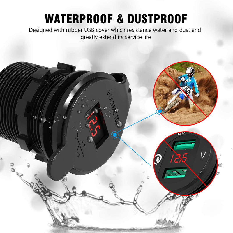 [Australia - AusPower] - Quick Charge 3.0 USB Charger Socket Dual USB Car Power Outlet Waterproof Marine Cigarette Lighter Adapter 36W Fast Charge with LED Voltmeter for 12V/24V Boat Motorcycle ATV Bus Truck QC 3.0 Red 