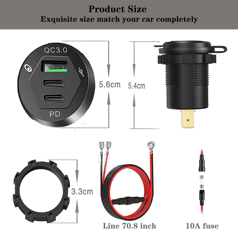 [Australia - AusPower] - 12V USB C Outlet Car Charger, 3 Port USB Outlet Dual 18W PD 3.0 USB-C & 18W QC 3.0 Quick Charge with Power Switch Fast Type C Car Adapter for Car, Boat, Marine, Truck, Golf, Motorcycle and More 