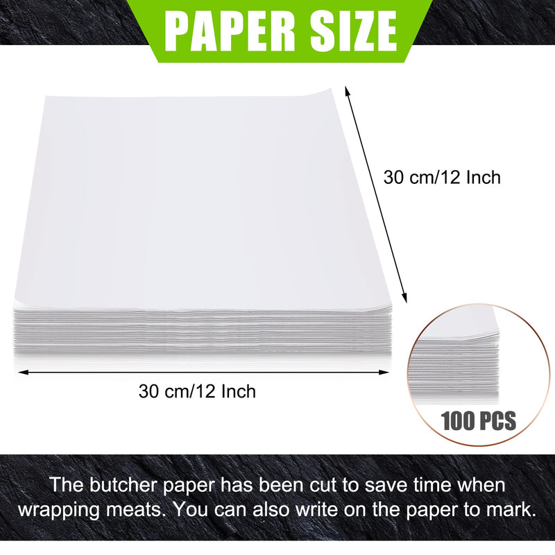 [Australia - AusPower] - 100 Pieces White Butcher Paper Disposable Butcher Paper Sheets Square Meat Sheet Precut Butcher Paper No Wax Butcher Paper for Wrapping Meat, Sublimation, Heat Press, Art Project(12 x 12 Inches) 12X12 Inches 100 