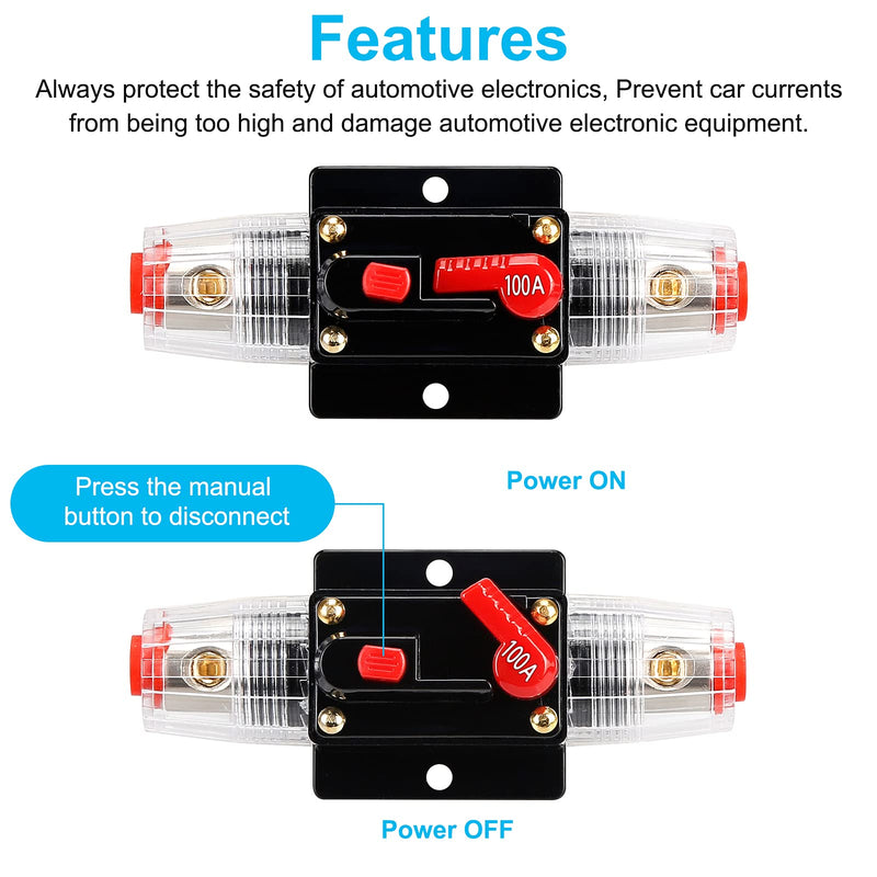 [Australia - AusPower] - 100 Amp Audio Circuit Breaker,12V-24V DC Fuse Holder,20-300A breaker switch,Inline Circuit Breaker with reset button,for Automotive Marine Boat Audio System Current Overload Protection 100A 