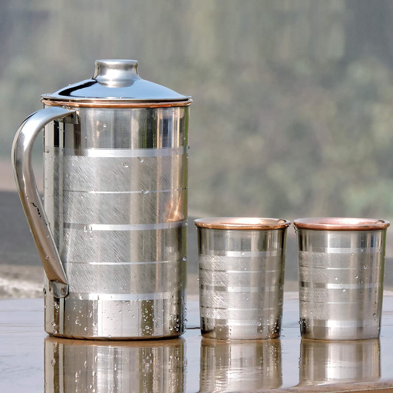 [Australia - AusPower] - AncientImpex Stainless Steel and Pure Copper Water Pitcher with Matching Tumblers | Steel and Copper Pitcher for Drinking Ayurvedic Water (57.48 fl. Oz.), Silver 