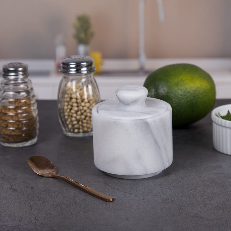[Australia - AusPower] - Creative Home Natural Marble Salt Cellar Keeper Round Salt Spices Container Salt and Pepper Bowls, 3" Diam. x 3.3" H, Off-White 