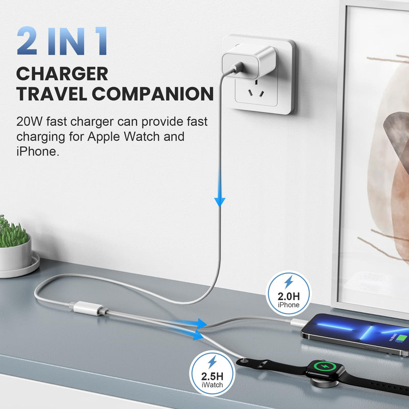 [Australia - AusPower] - Upgraded Apple Watch Charger,2-in-1 USB C Fast iPhone Watch Charger [Apple MFi Certified] 6FT Wireless Charging Cable with 20W Wall Charger Block for Apple Watch Series 8/7/6/5/SE & iPhone14/13/12/11 1 Pack 